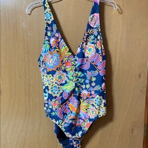 BCBGMaxAzria Navy Floral Lace-Up One-Piece Swimsuit